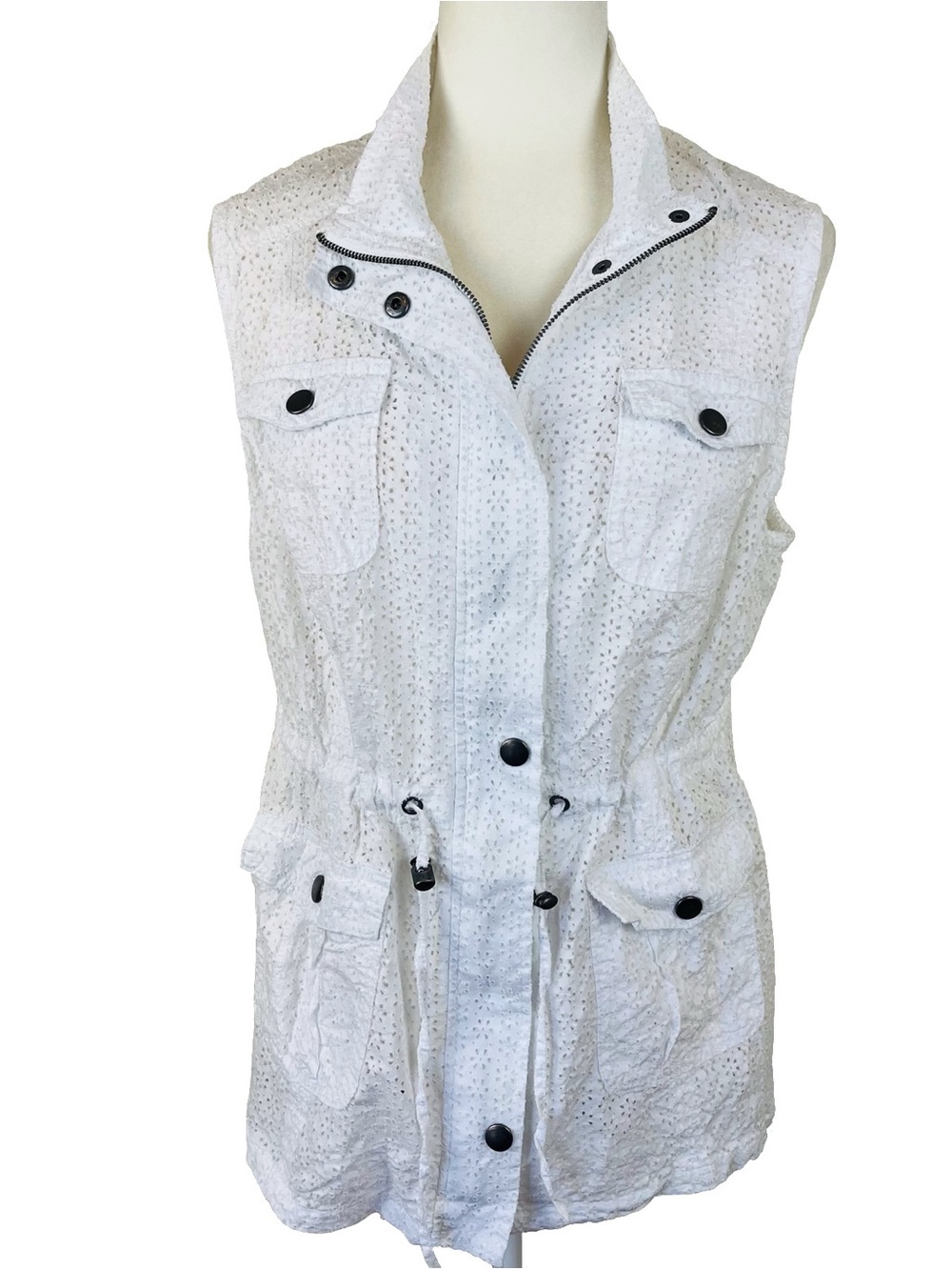 AMX White Cotton Eyelet Utility Vest/Jacket Drawstring Waist Pockets Size XL